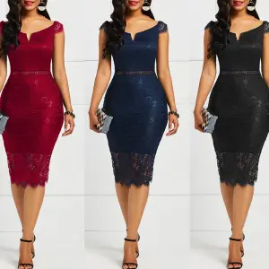 Chic robe de soirée fête - Nouvelle mode femmes sans manches hors épaule dos fermeture éclair dentelle filles solide mince crayon décontracté