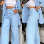 Ensemble costume élégant pour femmes couleur unie manches longues revers costume poche pantalon droit costume - costume pour femme décontracté-fête-évènement-sortie-shopping