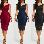 Chic robe de soirée fête - Nouvelle mode femmes sans manches hors épaule dos fermeture éclair dentelle filles solide mince crayon décontracté